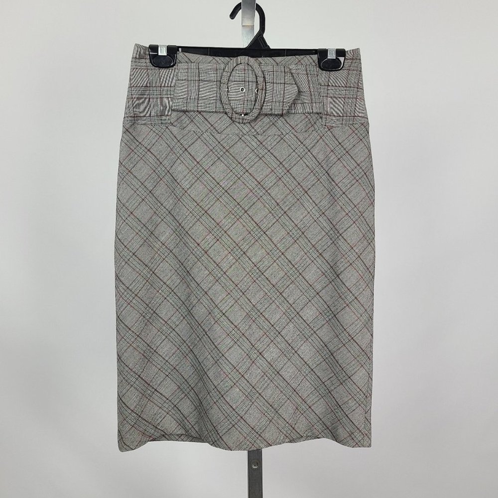 Chado Grey & Red Plaid Belted Midi Skirt Size S